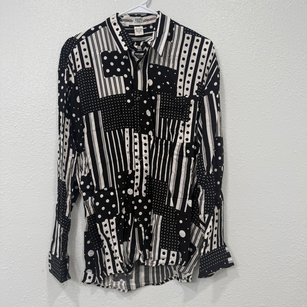 Vintage Policy Mens Rayon Button Down Shirt Black White Polka Dot Stripe Patch M